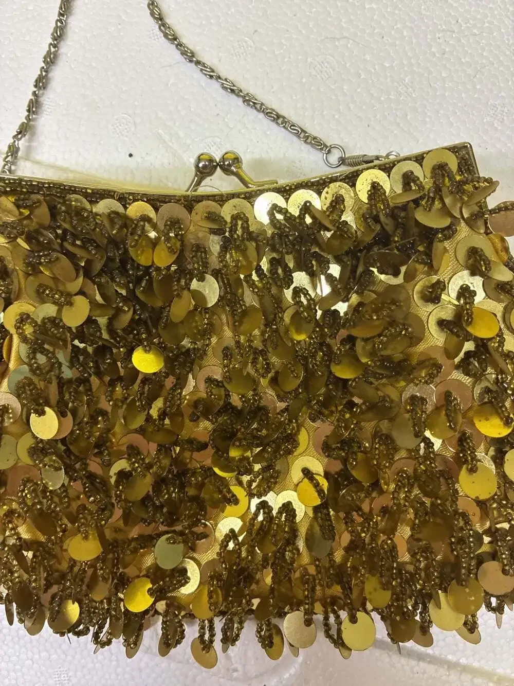 Vintage Gold Sequin and Beaded Evening Clutch Bag with Chain Strap